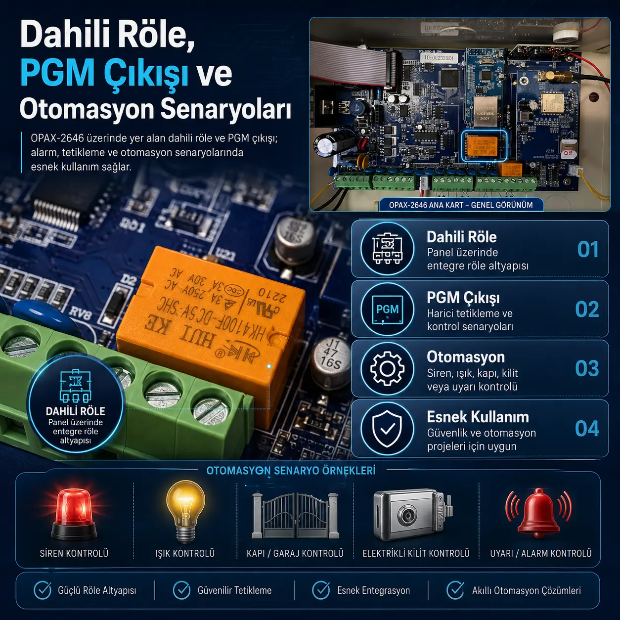 OPAX-2646 dahili röle PGM çıkışı ve otomasyon senaryoları infografik görseli