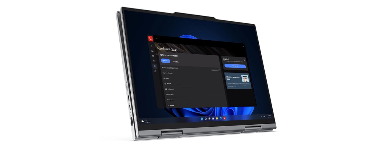 Lenovo ThinkPad X1 2'si 1 arada dönüştürülebilir dizüstü bilgisayar, ekranda Windows 11 Pro Donanım Taraması ile yatay tablet modunda.