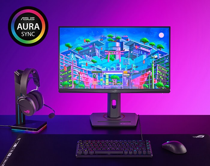 Yüksek çözünürlüklü monitör ve oyun donanımları ile renkli gaming masa düzeni, profesyonel e-spor ve bilgisayar oyunu setup'ı, RGB aydınlatmalı oyuncu donanımları, oyun odası dekorasyonu.