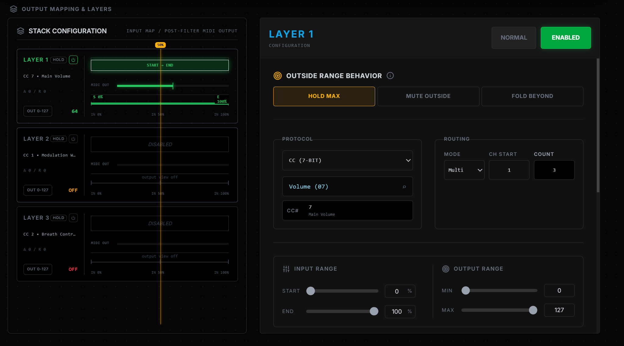 MRTAUDIO Web Configurator üzerinde üç bağımsız MIDI katmanı ve katman ayarları