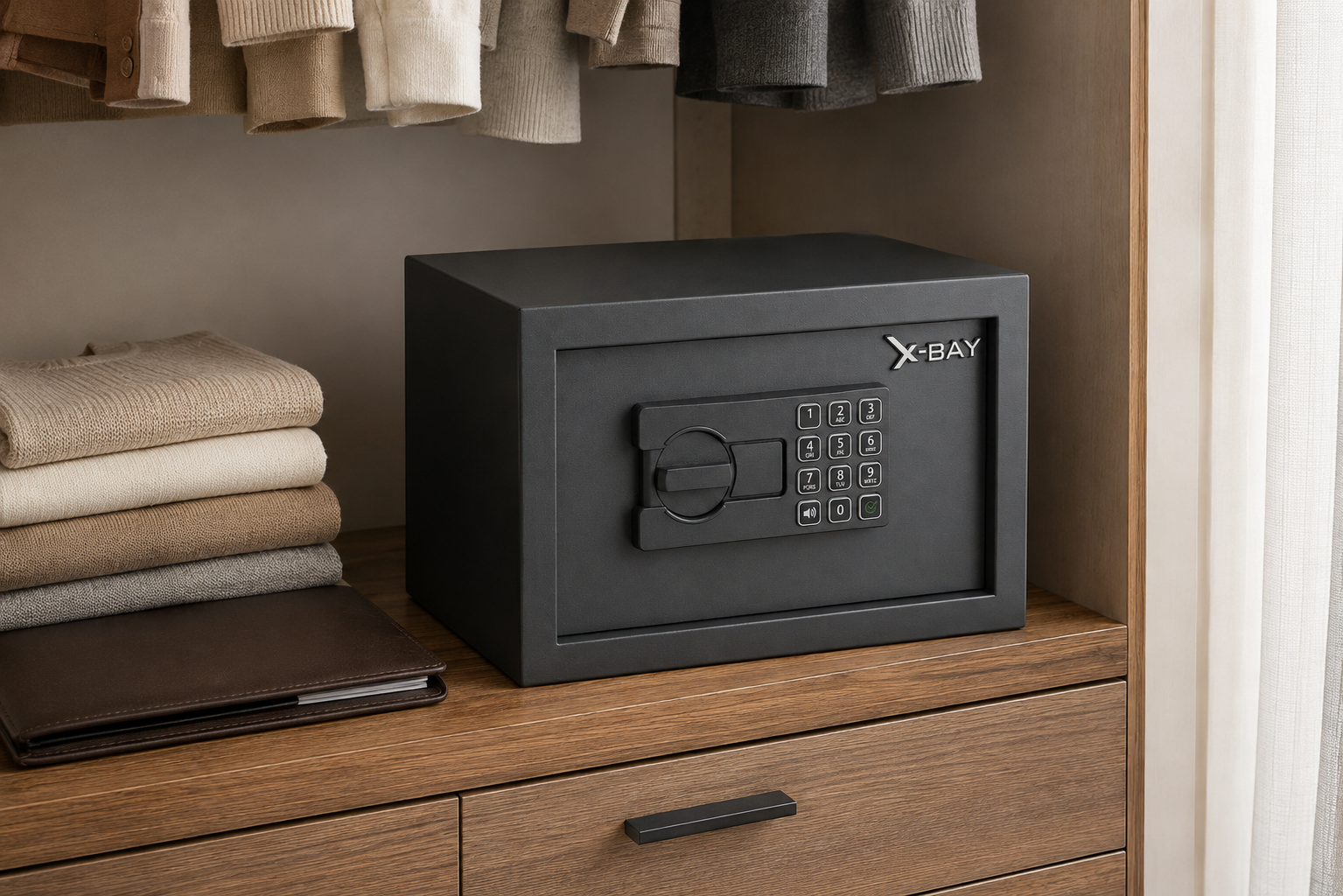 X-Bay XB-2000 çelik kasa evde dolap içinde kullanım görünümü
