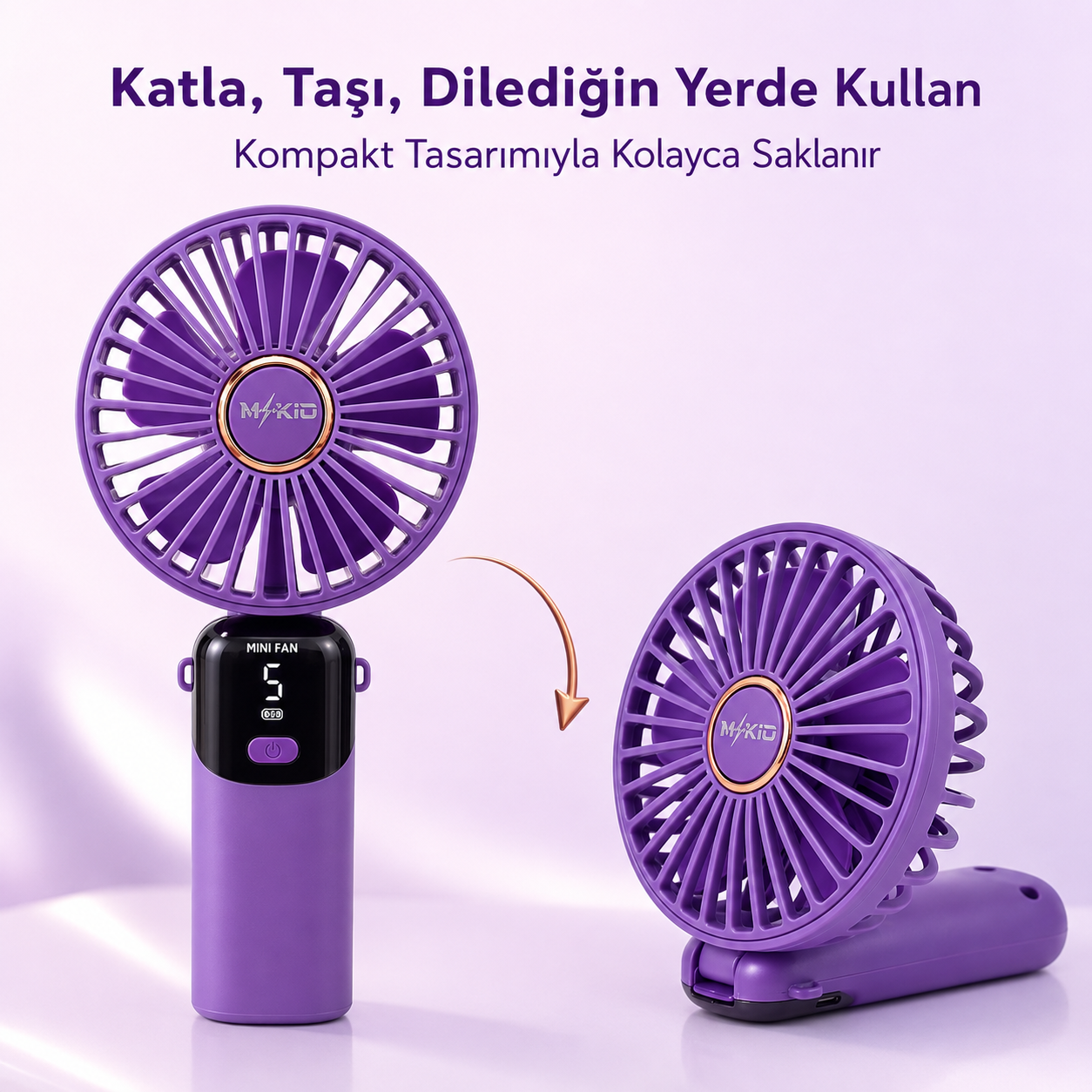 MKİO katlanabilir kompakt el fanı açık ve katlı kullanım