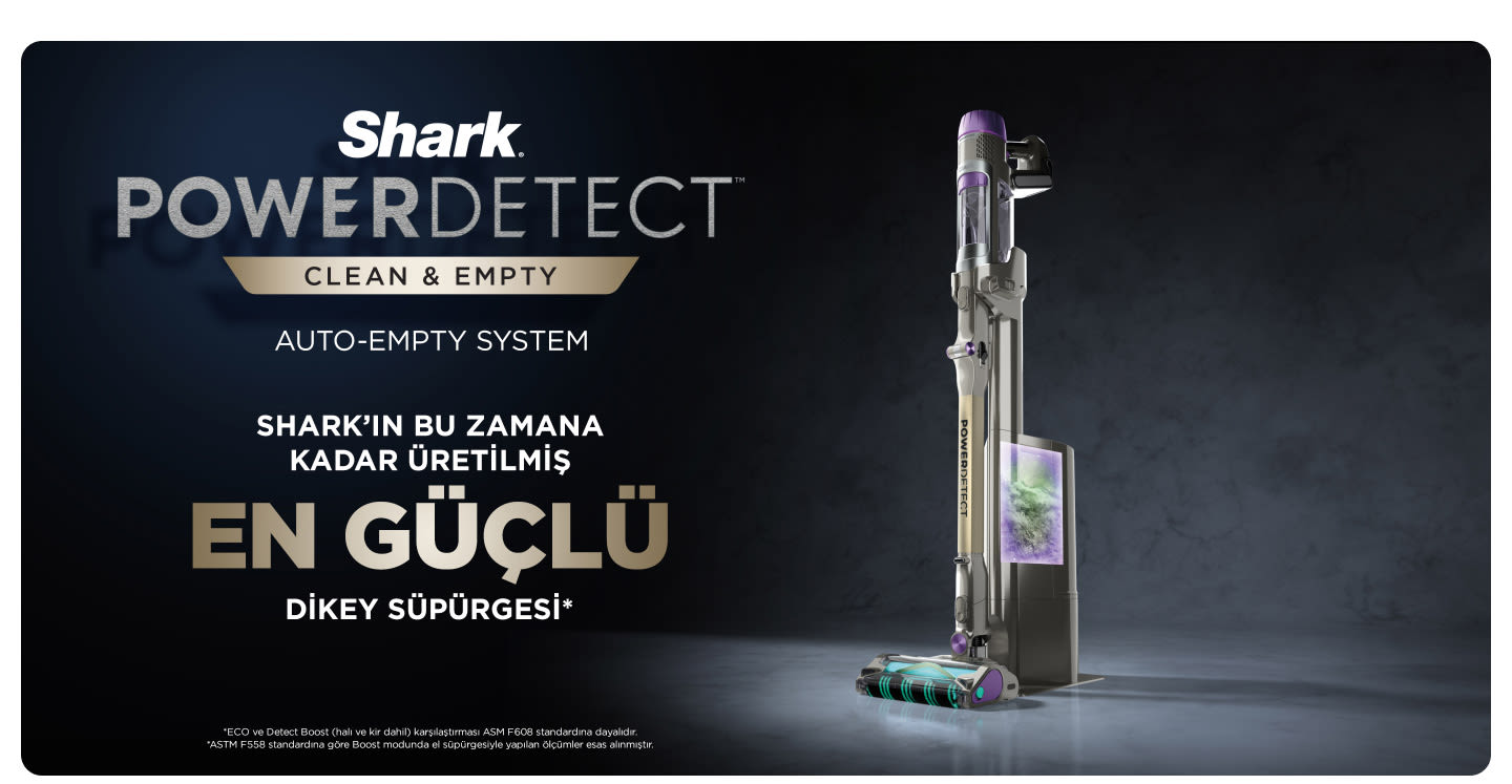 Resimde Shark PowerDetect dikey süpürge görülüyor. Süpürge gri ve mor renkte. Arka plan koyu renkli ve yazılar belirgin.