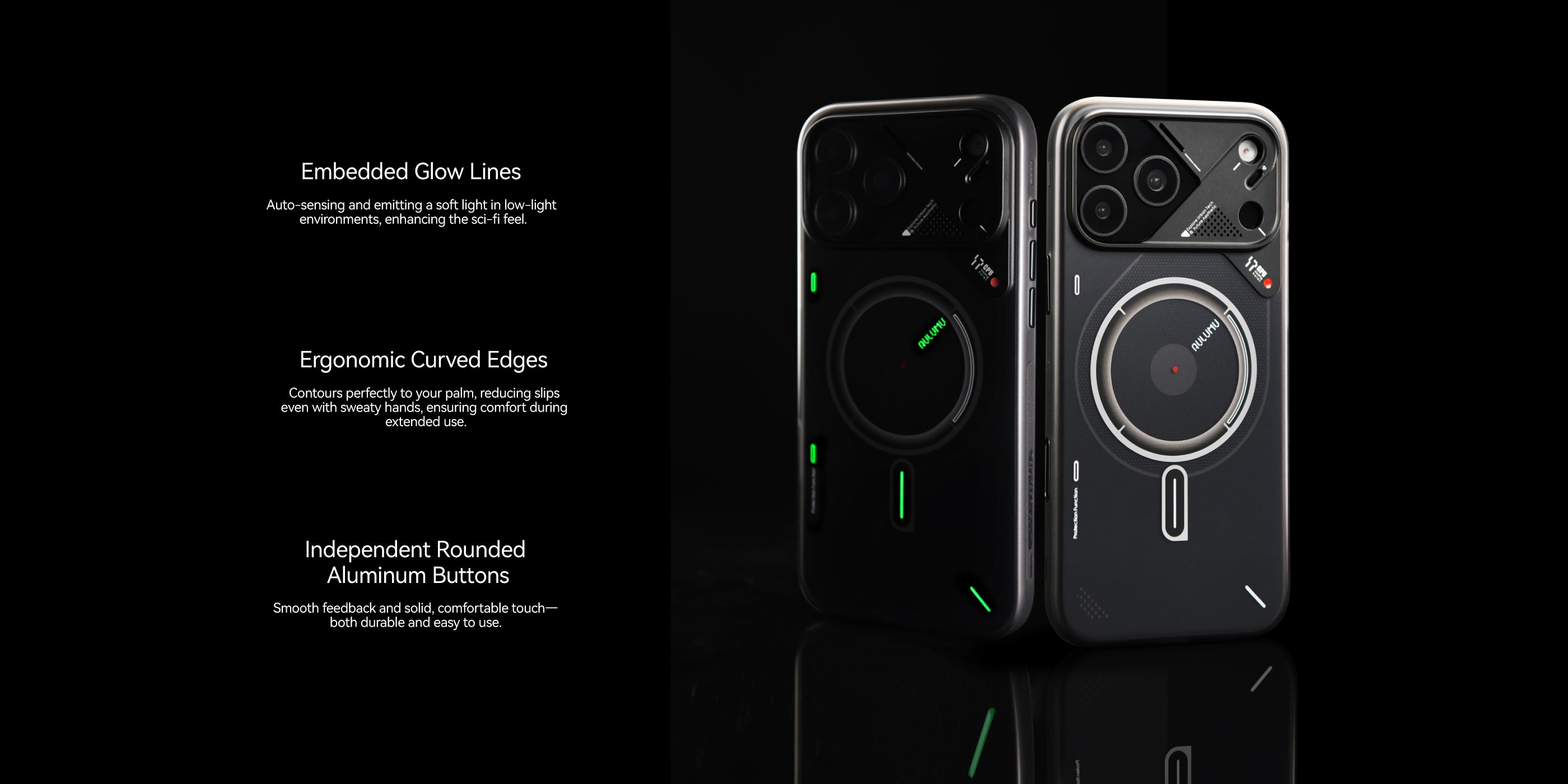 Glow-in-the-dark detail lines of AULUMU A17 frosted iPhone 17 case glowing softly at night