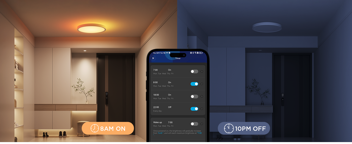 split image of hallway with ceiling light. left side bright, right side dark. smartphone screen shows app interface for light control.