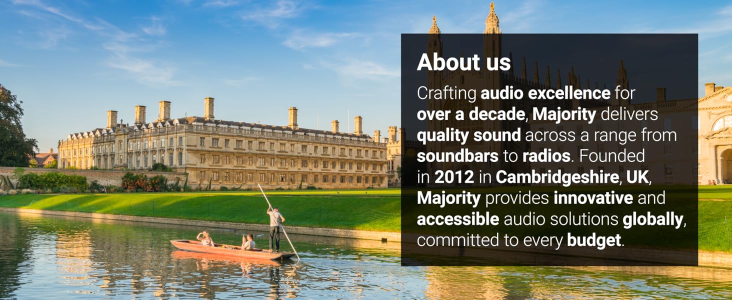 Historic university building with ornate architecture and 'About us' text overlay describing educational services and location in Cambridgeshire, UK.