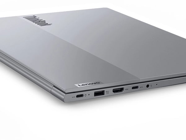 Close up of dual-toned top cover on the Lenovo ThinkBook 16 Gen 7 laptop, also showing left-side ports.