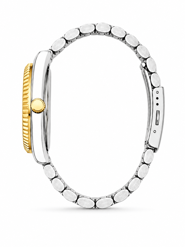 Çift Saati Crest Line Silver Gold white saatin yandan kasa ve kordon görünümü