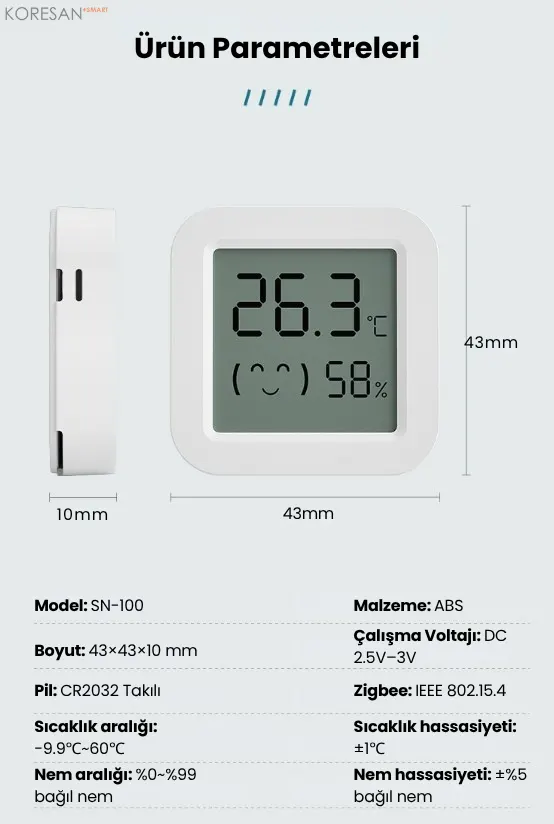SN-100 Zigbee Mini Ekranlı Akıllı Sıcaklık ve Nem Ölçer ürün ölçüleri pil bilgisi sıcaklık ve nem hassasiyeti
