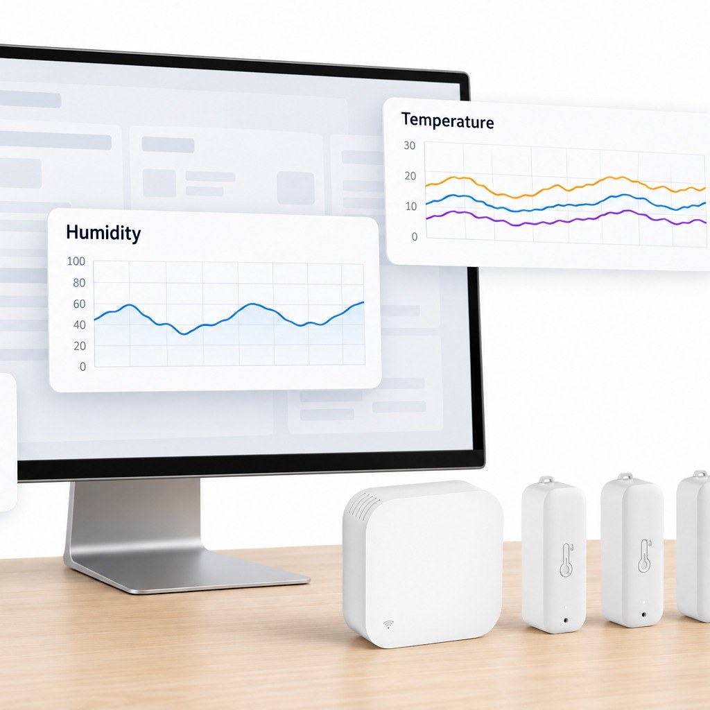 Home Assistant panelinde dış ortam sıcaklık ve nem kartı ile üç sensörün sıcaklık grafiği, masada ağ geçidi ve sensörler