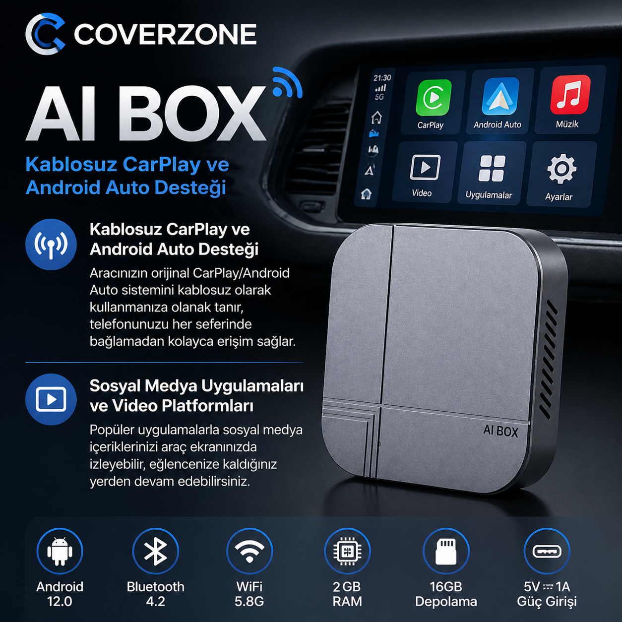 CoverZone Kablosuz Carplay AI Box – Android ve Ios Uyumlu, Fiyatı