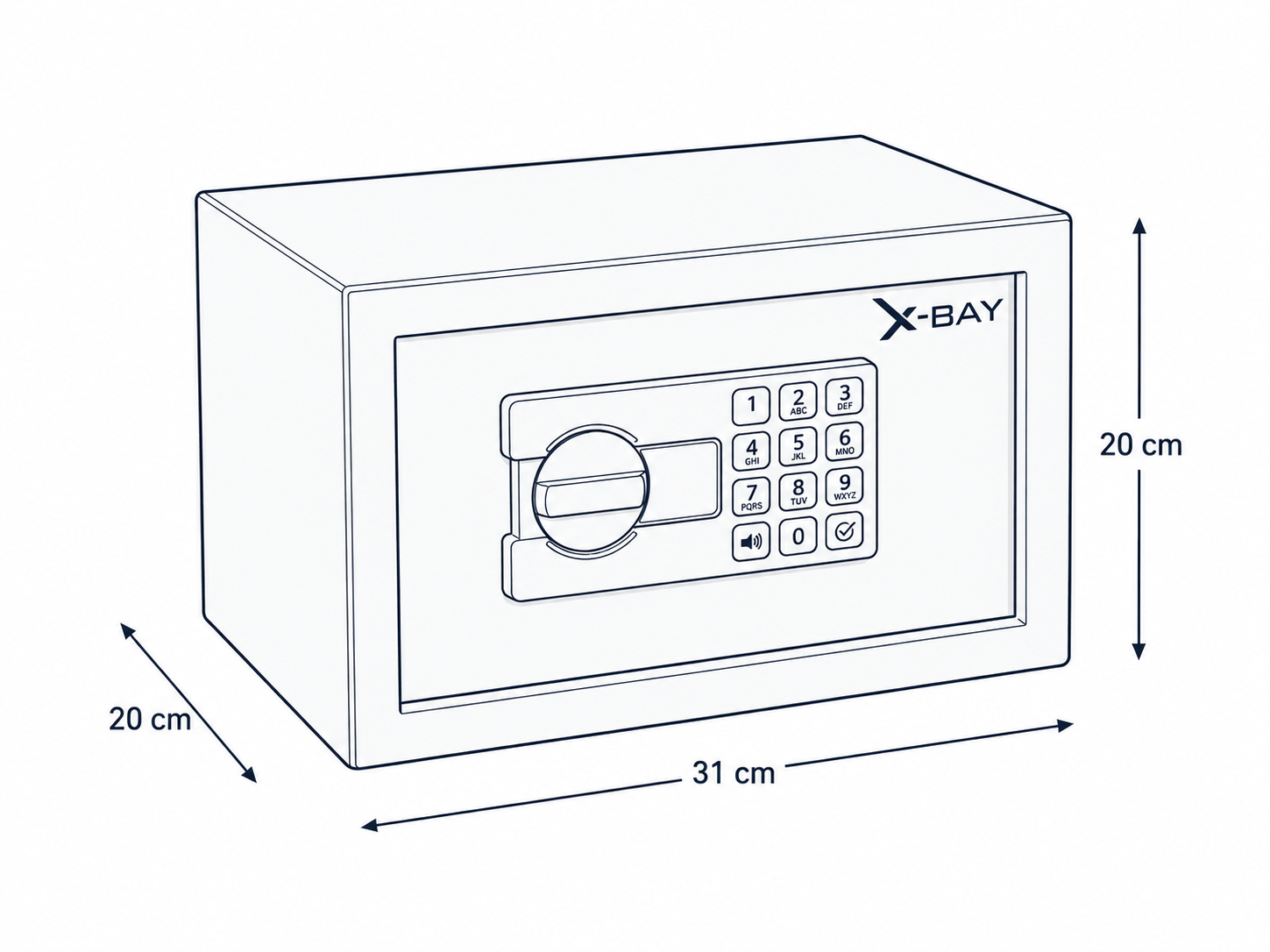 X-Bay XB-2000 teknik çizimi; 31 cm genişlik, 20 cm yükseklik ve 20 cm derinlik