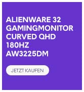Metin "ALIENWARE 32 QDHD MONITOR" ve "165HZ AW3225QF" şeklindedir. Oyun monitörlerinin teknik verileri için mor ve mavi dikdörtgen reklam grafikleri.