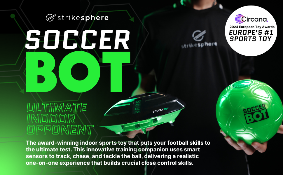 Metinde "SOCCER BOT ULTIMATE" yazıyor. Siyah bir arka plan üzerinde dinamik ışık efektlerine sahip yeşil bir robot futbol topunu gösteren ürün reklamı.