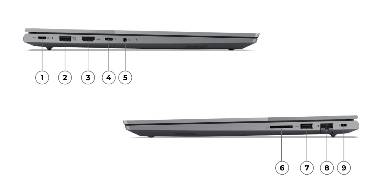 Lenovo ThinkBook 16 Gen 7 (16 inç Intel) dizüstü bilgisayarının kapalı kapağında sol ve sağ taraf görünümü, 1'den 5'e kadar etiketlenmiş sol taraftaki bağlantı noktaları ve 6'dan 9'a kadar etiketlenmiş sağ taraftaki bağlantı noktaları gösteriliyor.