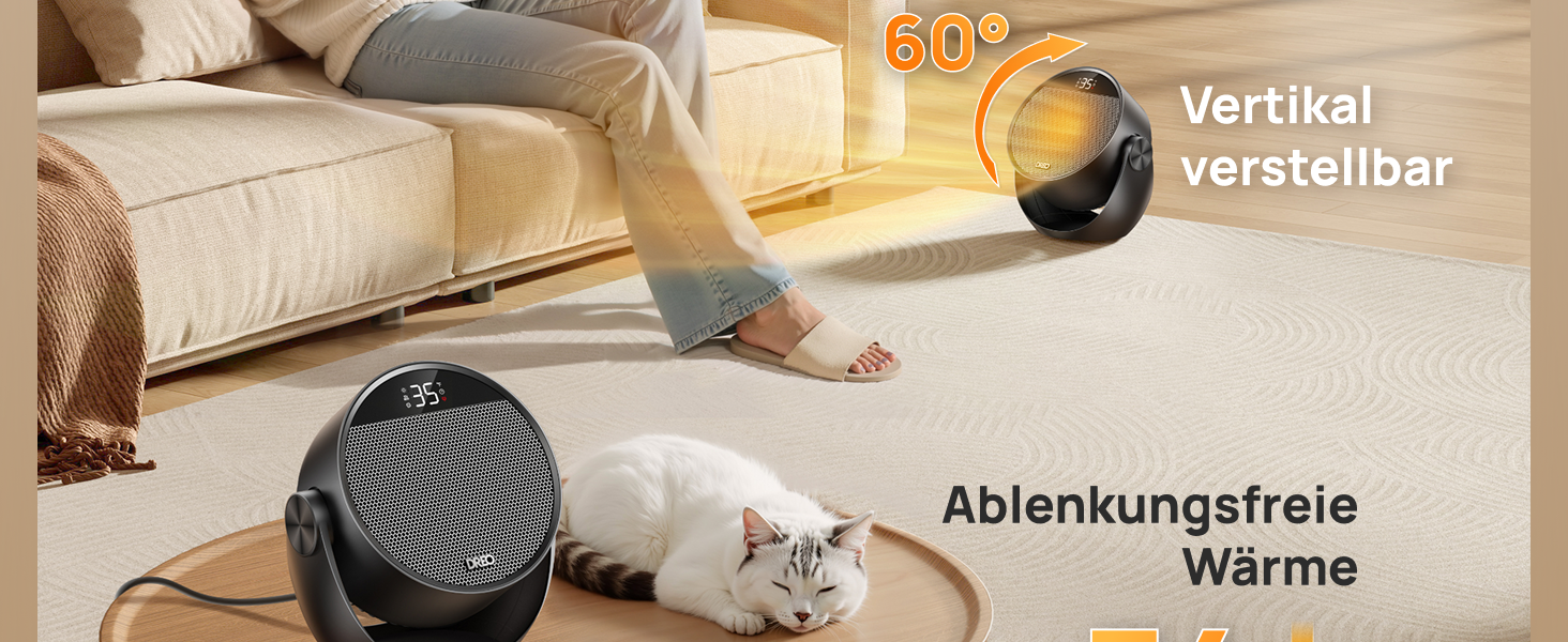 Der Text lautet „Vertikal verstellbar“ und „Ablenkungsfreie Wärme“. Gerät mit einstellbarer Positionierungsfunktion, dargestellt mit Richtungspfeilen, die die vertikale Bewegungsfähigkeit anzeigen.