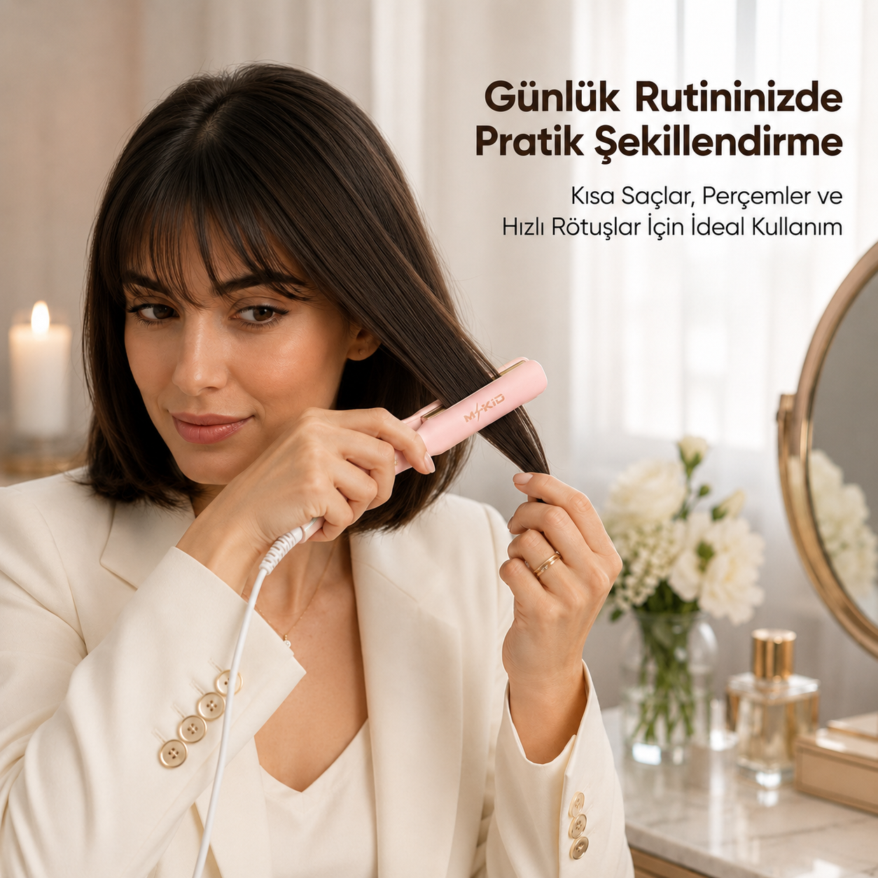 MKIO mini saç düzleştirici kadın kullanım görseli kısa saç ve perçem şekillendirme