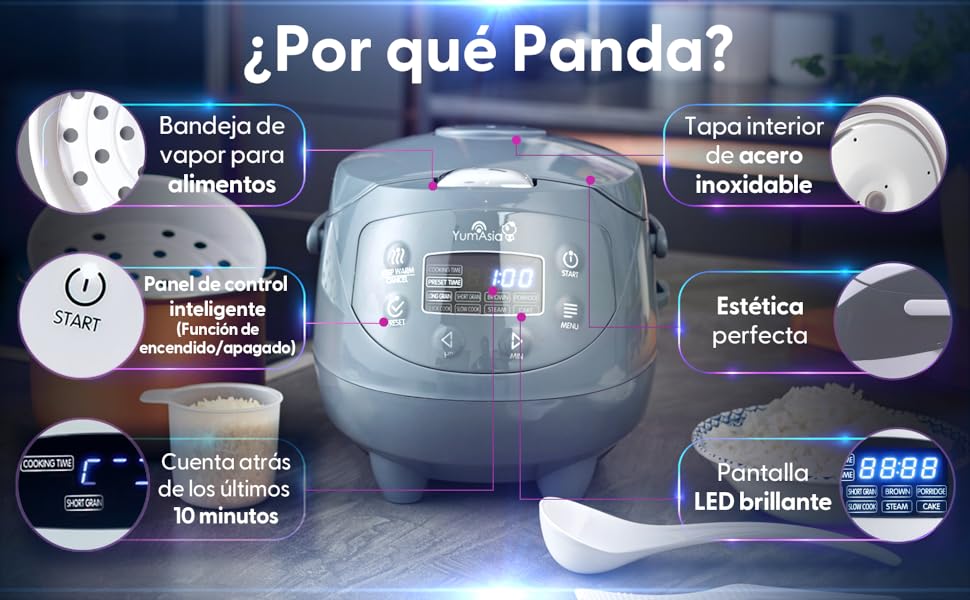 Bir mutfak aleti için. Özellikleri arasında buhar tepsisi, paslanmaz çelik iç kısım, akıllı pişirme özellikleri ve LED ekran bulunmaktadır. "Neden Panda?" başlıklı.