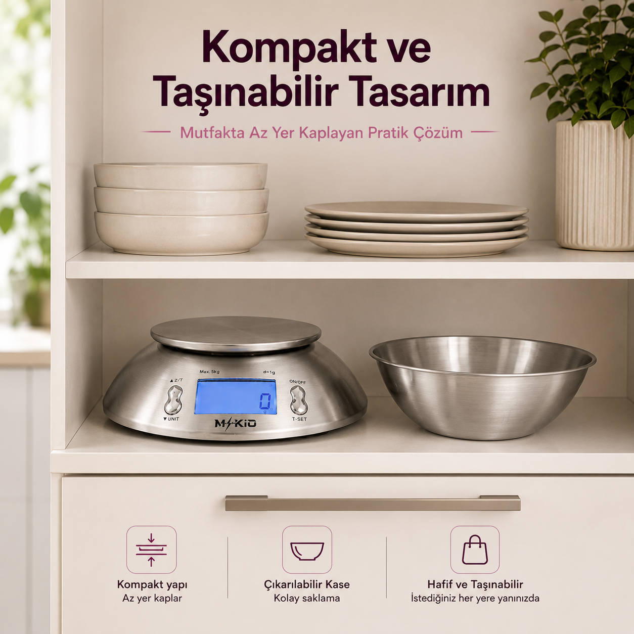 MKİO mutfak terazisi kompakt ve taşınabilir tasarım