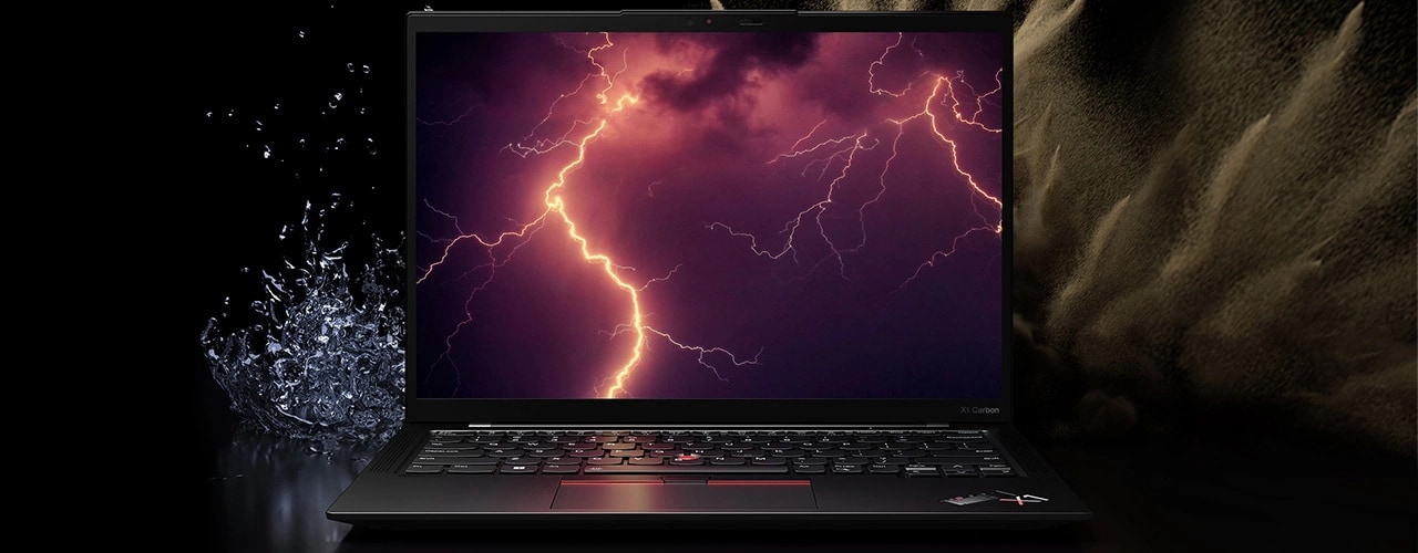 Lenovo ThinkPad X1 Carbon laptop: Front view, lid open, with lightning image on the display and sand and water graphics in the background