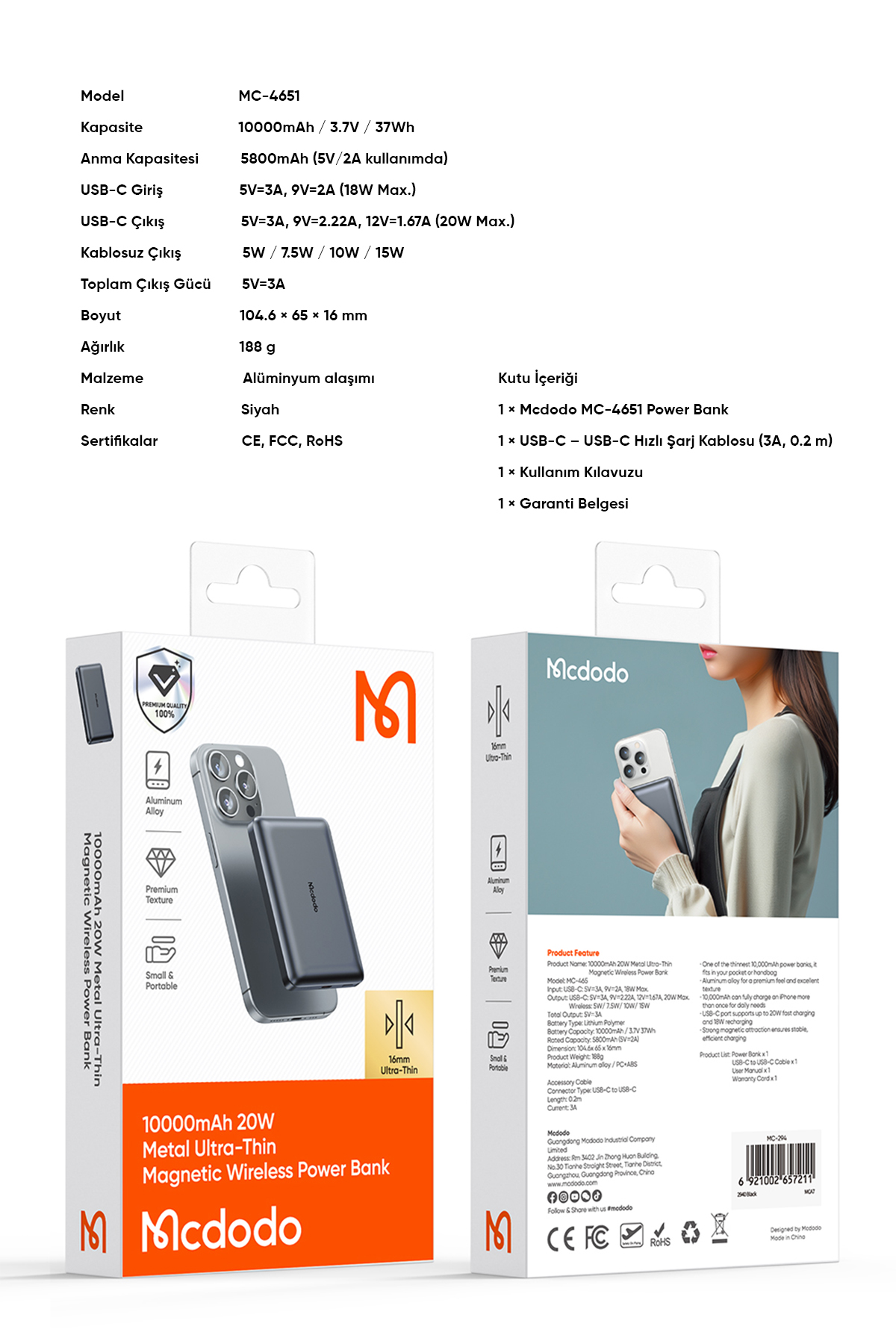 MC-4651 10000mAh 20W Metal Ultra İnce Manyetik Kablosuz Powerbank - Siyah Afişi