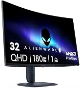 Metin "ALIENWARE", "32", "QHD", "180 Hz" şeklindedir. Kavisli oyun monitörü eğik gösterilmiştir ve ince çerçeveli ince bir tasarımla öne çıkar.