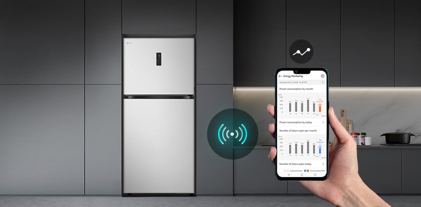Mutfakta bir LG üstten donduruculu buzdolabı ve LG ThinQ uygulamasının sunduğu kullanım istatistiklerini gösteren telefon yakın planı. 