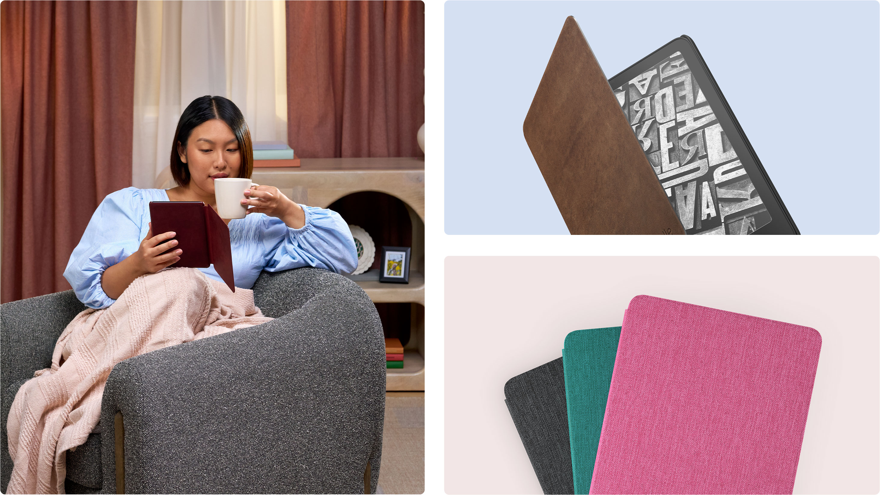 Kindle Paperwhite kılıfları ve aksesuarlarını gösteren üç görsel. Kanepede oturan bir kadın, üzerinde kılıf, deri bir kılıf ve üst üste dizilmiş pembe, yeşil ve siyah üç kılıfla Kindle okuyor.