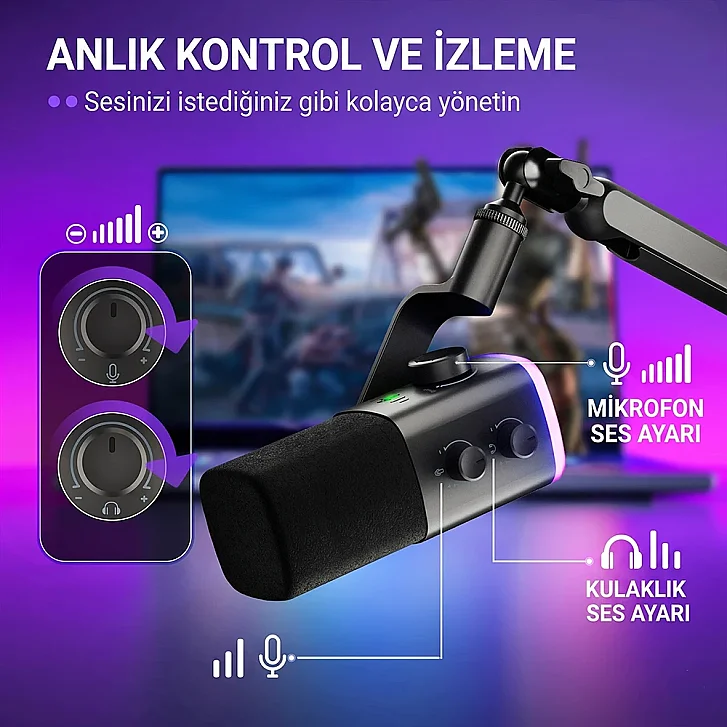 Fifine AM9 Anlık Ses Kontrolü ve İzleme Kulaklık Çıkışı