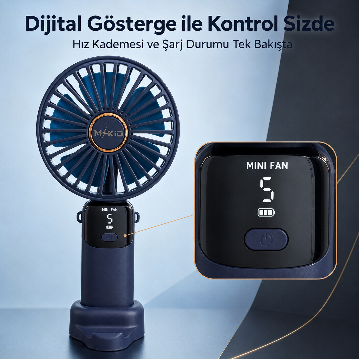 MKİO lacivert mini fan dijital hız ve şarj göstergesi