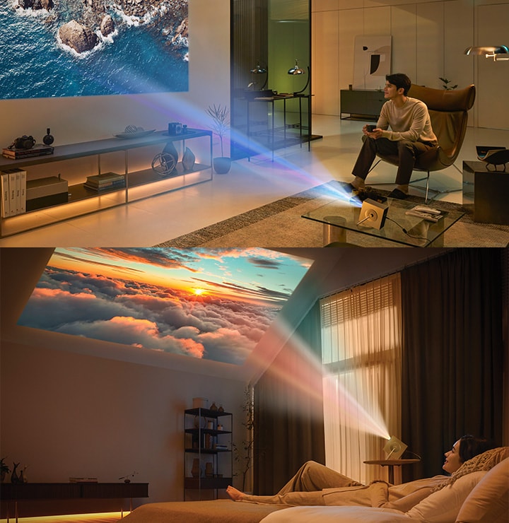 Oturma odası ve yatak odasında LG CineBeam HU710PB’nin çeşitli kullanım sahneleri. 