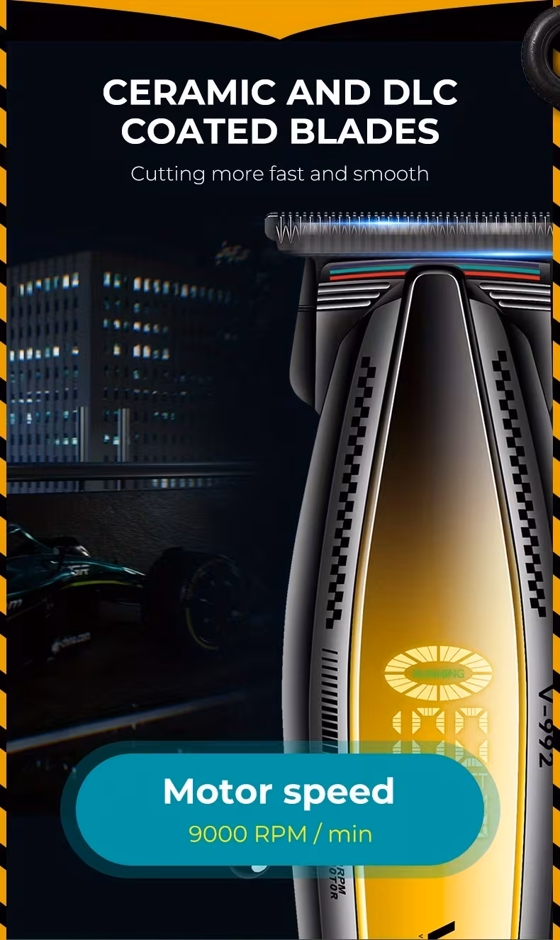 the vgr professional mens hair clippers feature wireless high speed operation at 9000 rpm colored ceramic haircutting kit a large battery a metal body three guide combs a usb charging dock and an led display 992 is for men Product details 3