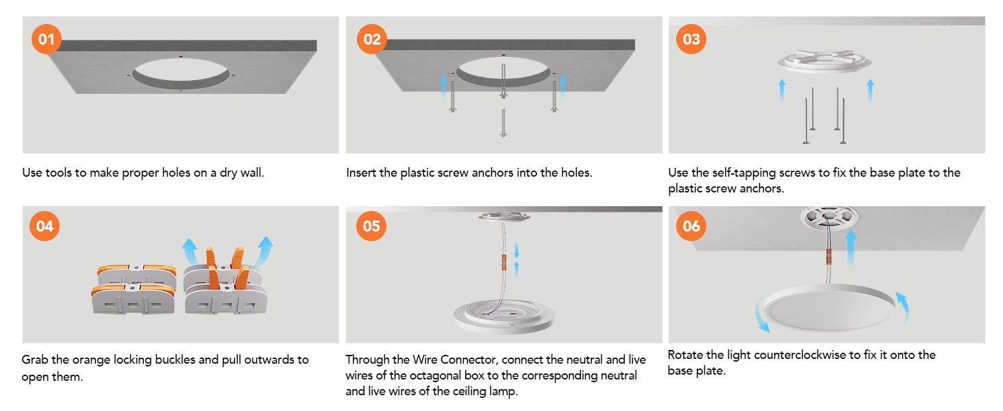 six-panel instruction guide for installing a ceiling light fixture, showing step-by-step process from marking holes to attaching the light cover.