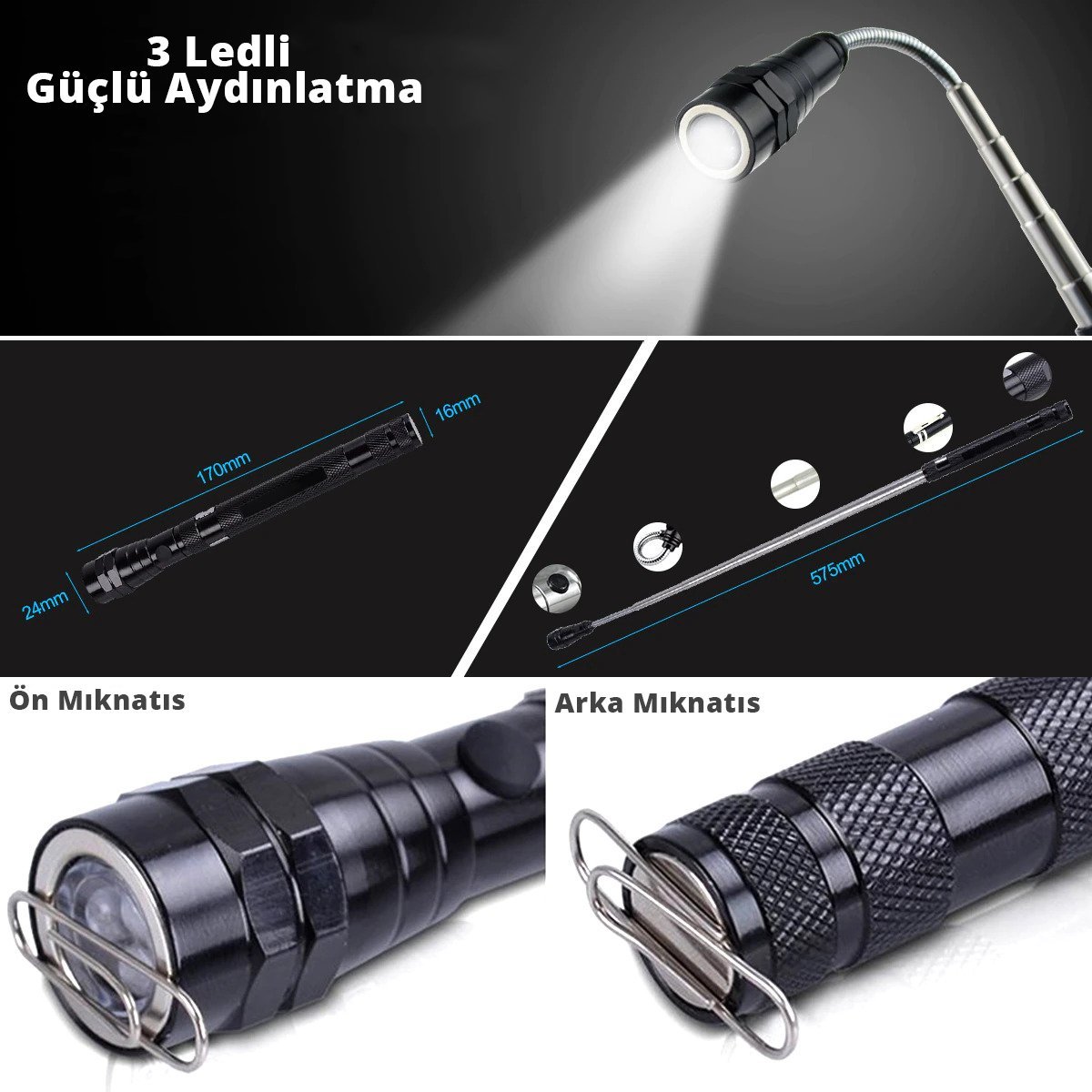 Powermaster MX-2808 360 Derece Mıknatıslı Döner Başlıklı El Feneri