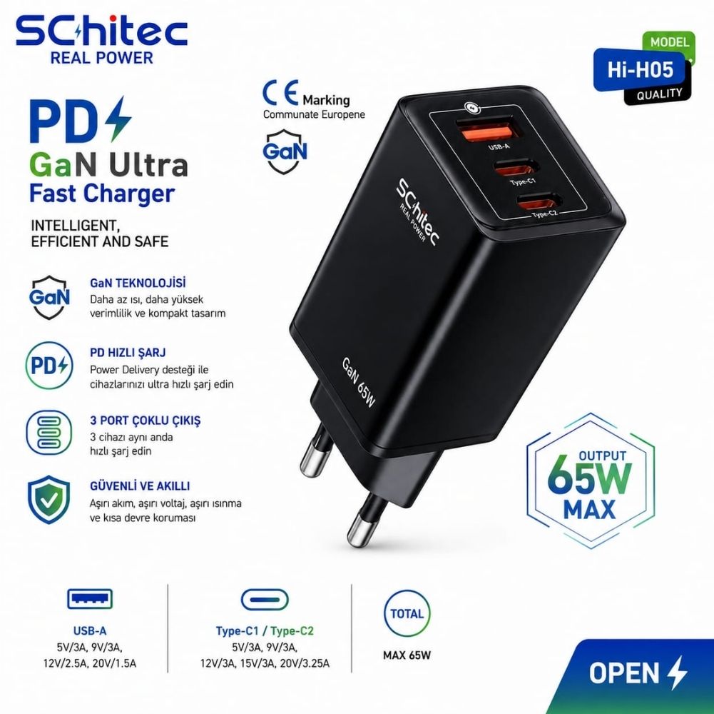 Schitec Gan 65W Ultra Hızlı Şarj Cihazı 3 Çıkışlı Usba / 2 x Fiyatı