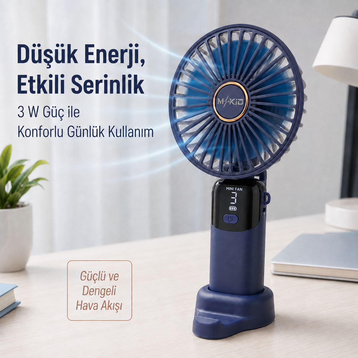 MKİO lacivert 3 watt düşük enerjili masaüstü mini fan