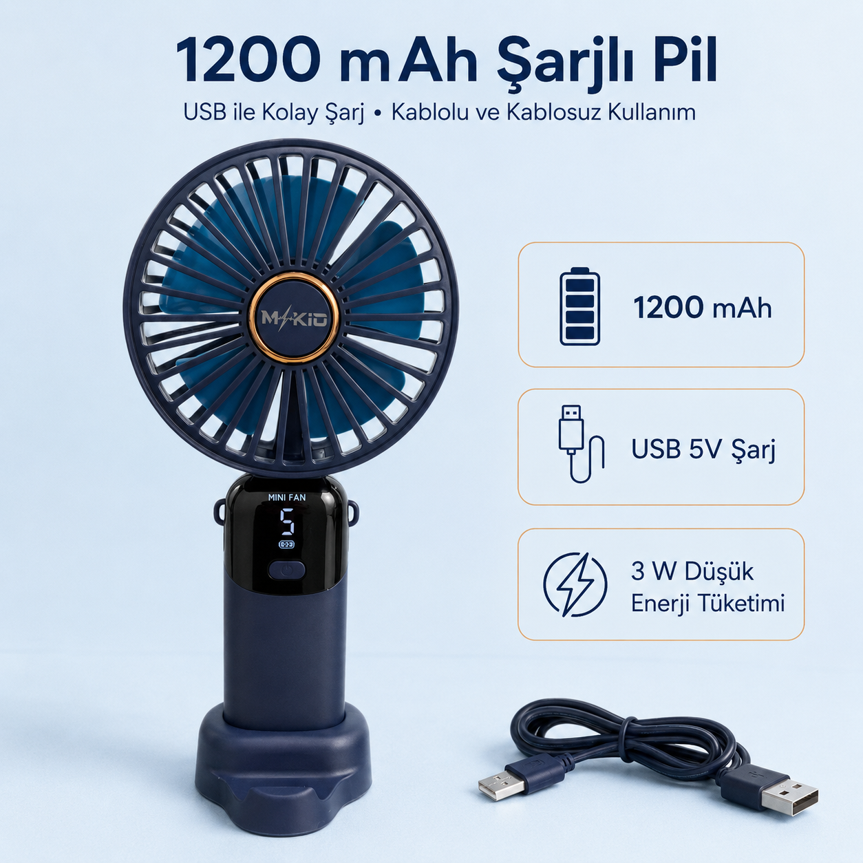 MKİO lacivert 1200 mAh batarya USB 5V şarj ve 3 watt güç
