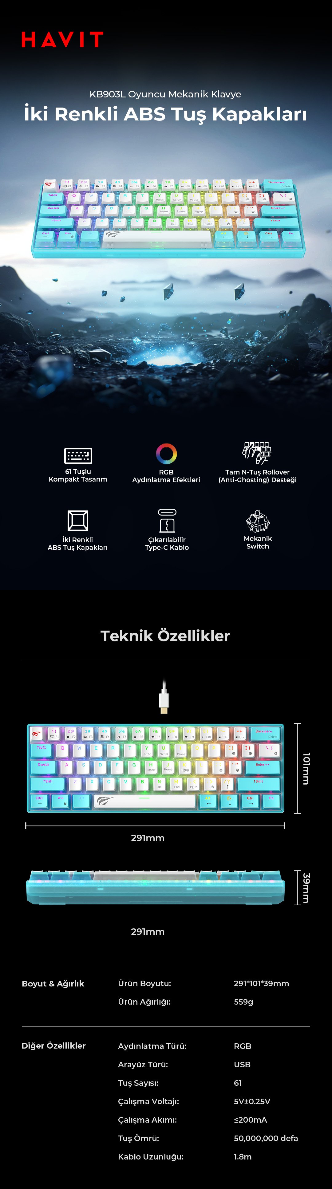 Havit Gamenote KB903L Mekanik %60 Klavye