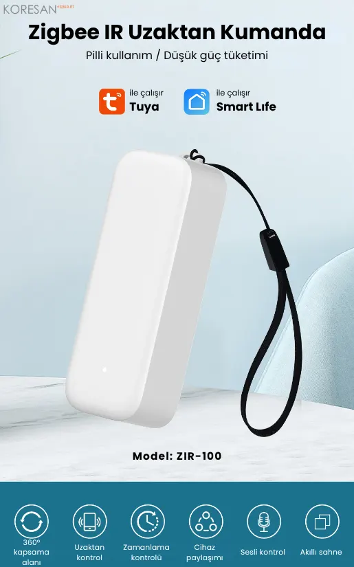 ZIR-100 Tuya Zigbee Pilli IR Kumanda pilli kullanım ve akıllı ev kontrol tanıtım görseli