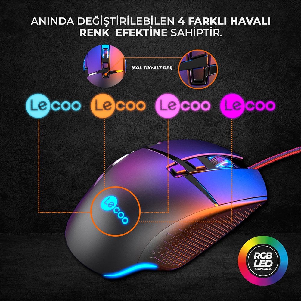 Lenovo Lecoo MG1101 6400 DPI 7 Tuşlu Kablolu RGB Led Aydınlatmalı Mouse