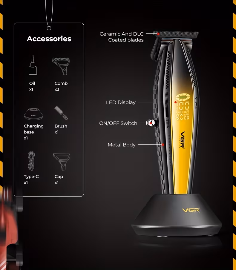 the vgr professional mens hair clippers feature wireless high speed operation at 9000 rpm colored ceramic haircutting kit a large battery a metal body three guide combs a usb charging dock and an led display 992 is for men Product details 1