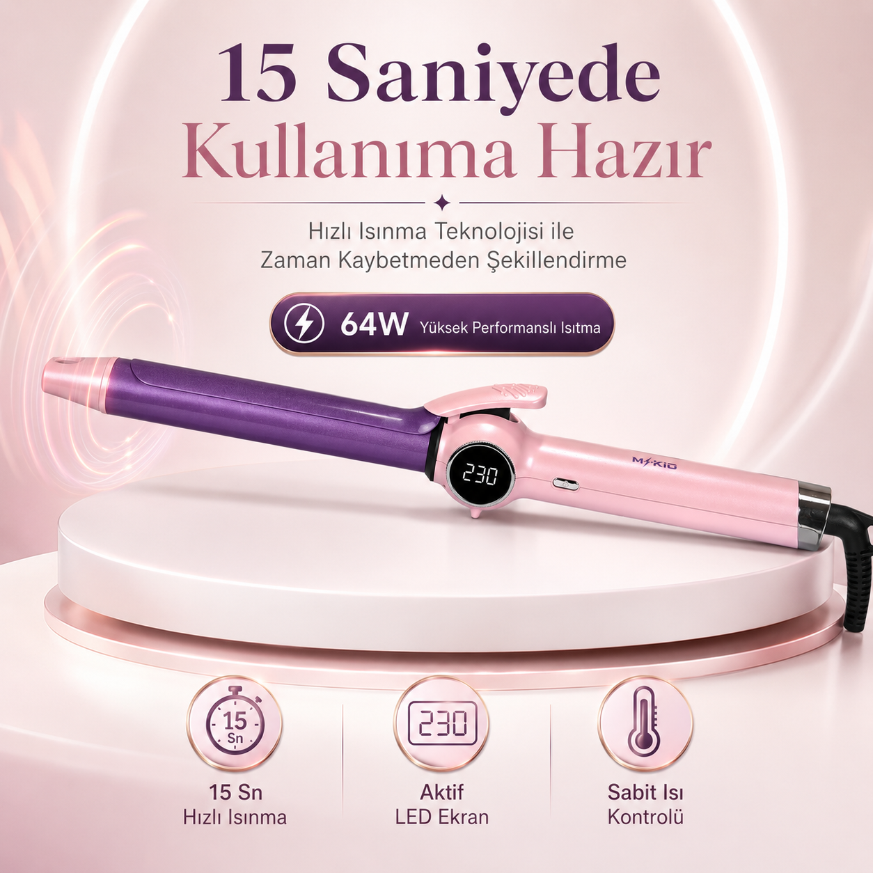 MKİO saç maşası 15 saniyede hızlı ısınma ve 64W güç