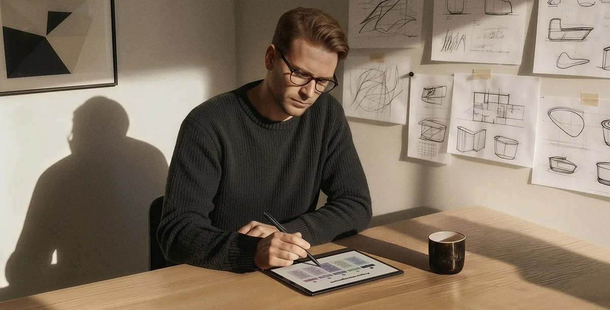 Bir kişi masa başında Onyx Boox Note Air5 C üzerinde kalemle çalışıyor. Arka planda çizim eskizleri asılı duvarda, cihazın renkli e-ink ekranı doğal ışık altında görülüyor.