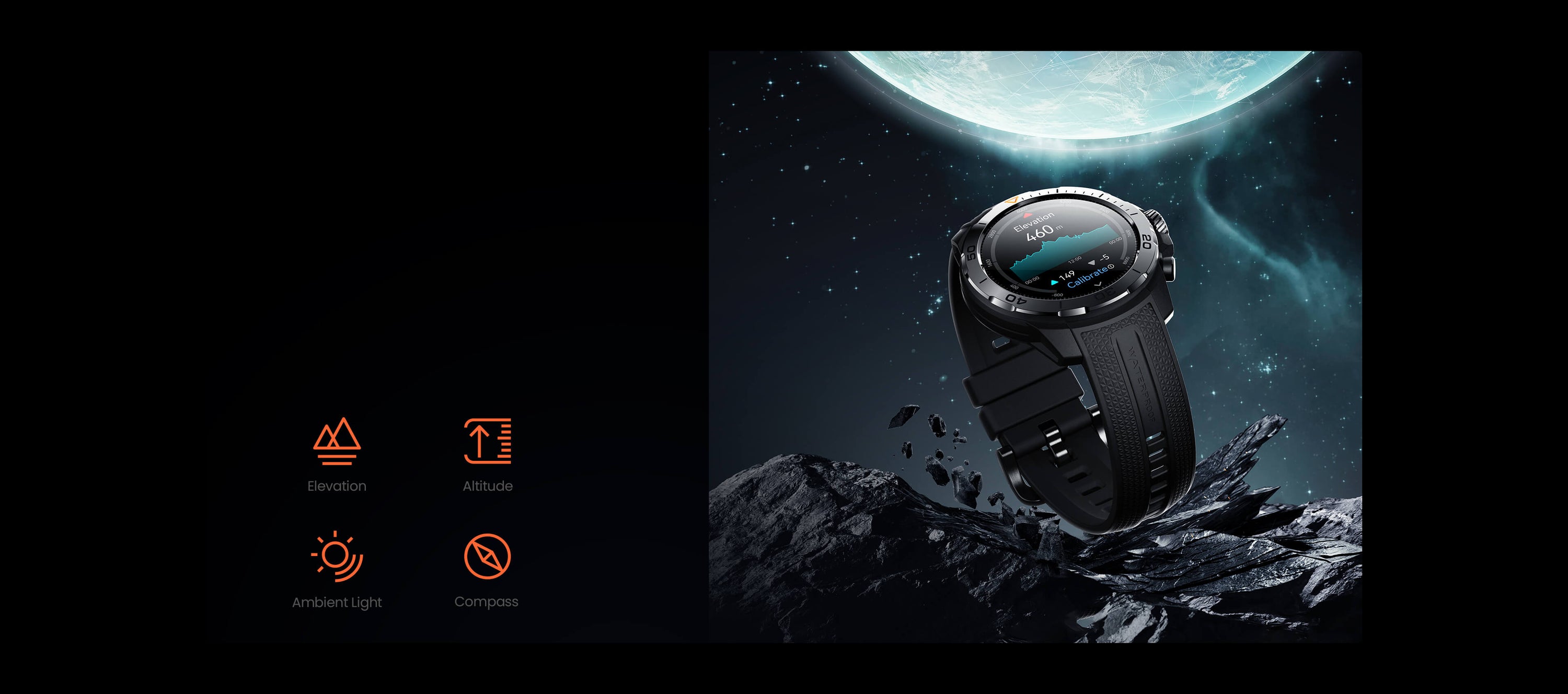 More Senses Fearless Wilderness Explore the wilderness with a built-in compass and barometric altitude sensor that displays your current heading, altitude and barometric pressure. Compass/ Altitude/ Height/ Water depth