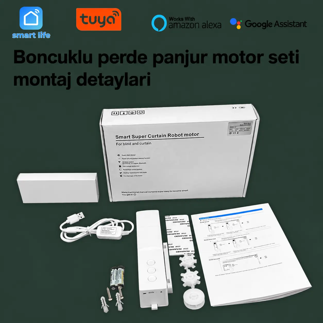 KZP10 Tuya Zigbee Akıllı Store Perde Motoru ürün ve kutu içeriği