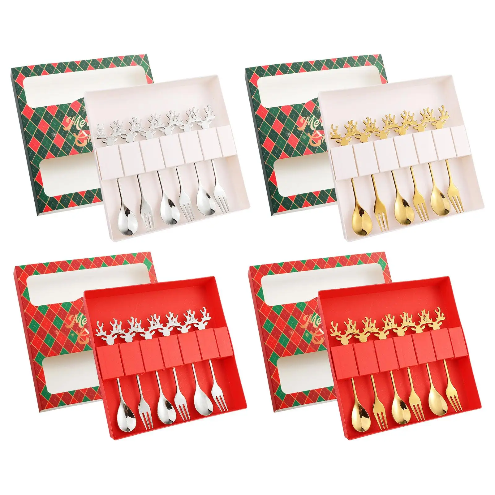 6 Parça Noel Kaşık Çatal Seti, Çatal Bıçak Takımı Tatlı Çatal ve Kaşık Çatal Bıçak Takımı, Paslanmaz Çelik Çay Partisi, Ev, Kek, Hediye için