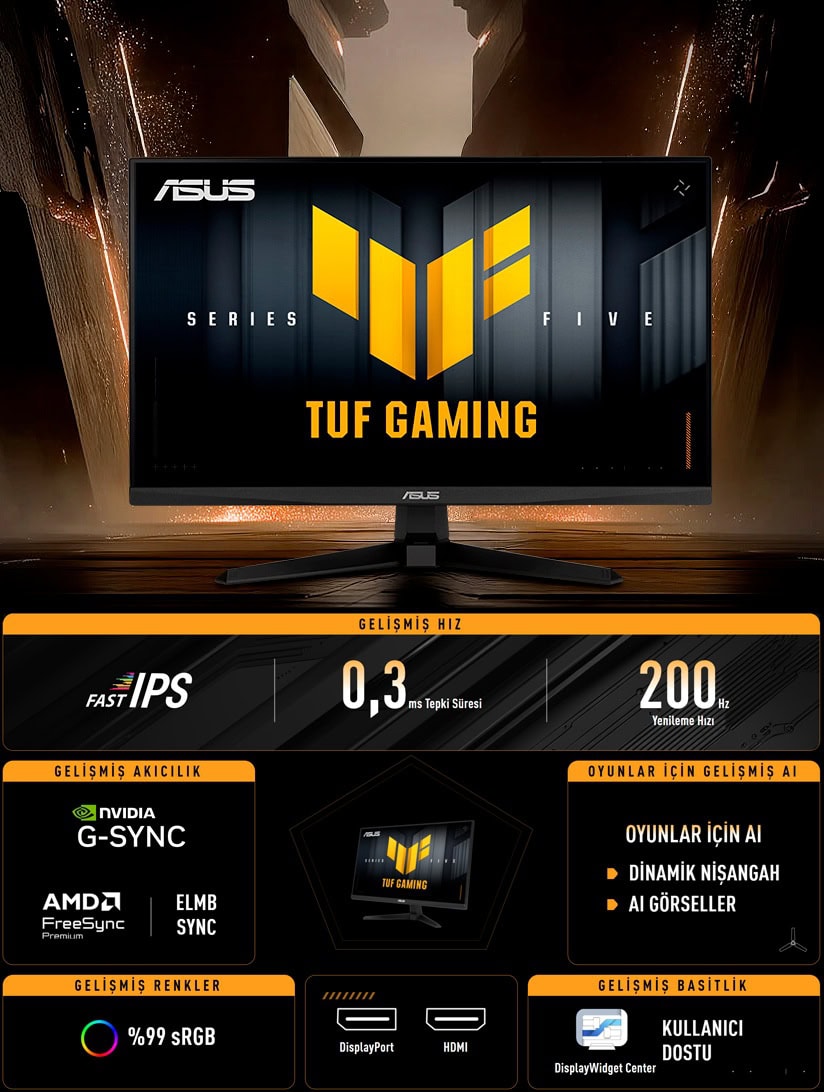Yüksek hızlı ASUS TUF Gaming monitörü, etkileyici 200Hz yenileme hızı ve 0,3ms tepki süresi ile oyun performansını yeni seviyeye taşıyor. Gelişmiş renk ve düşük gecikme özellikleri sunar.