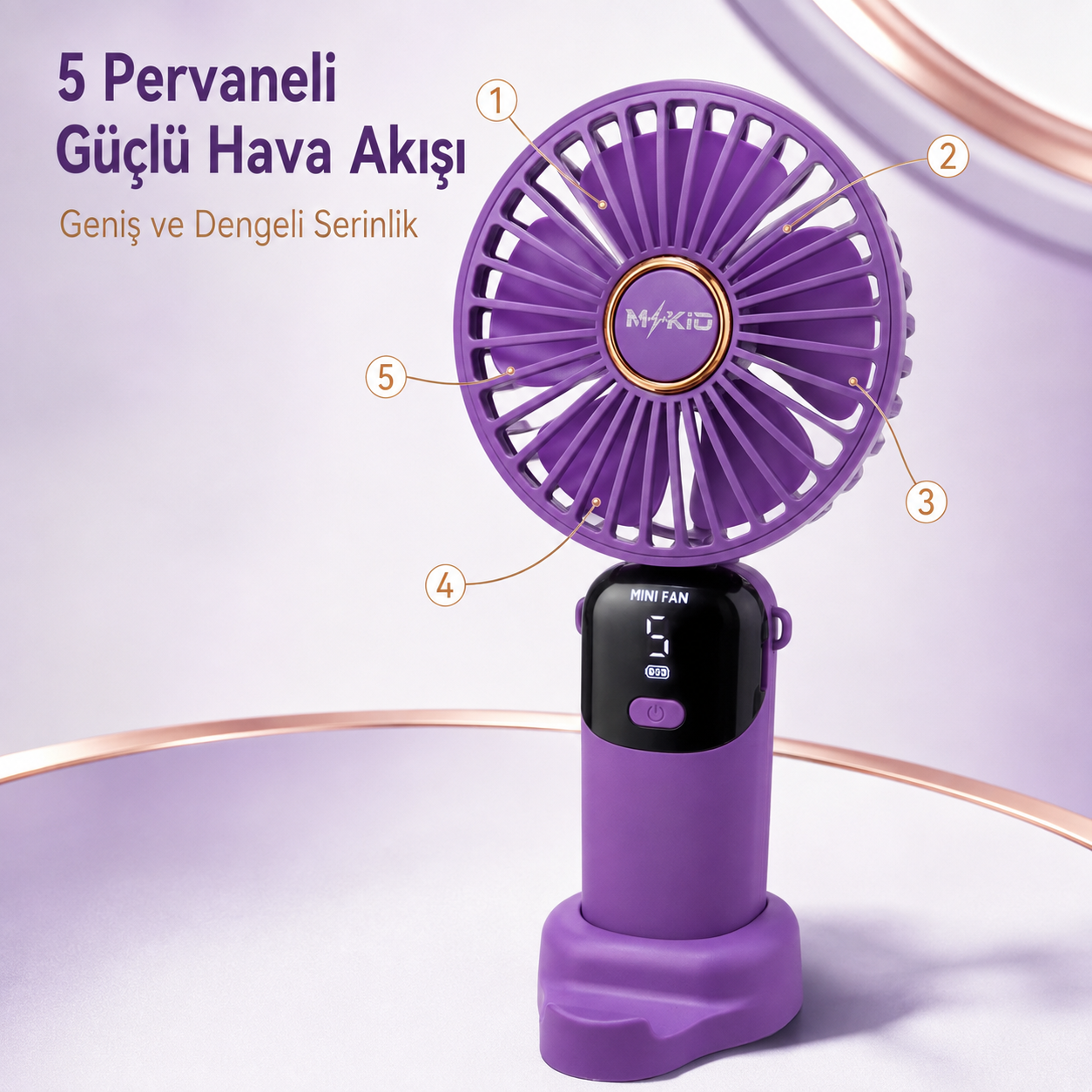 MKİO mini fan 5 pervaneli güçlü ve dengeli hava akışı
