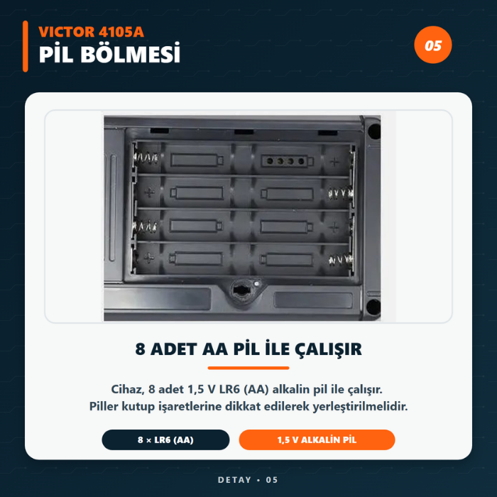 Victor 4105A sekiz adet AA pil yuvası