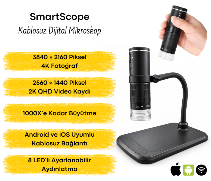 SmartScope 4K kablosuz dijital mikroskop ve masaüstü standı